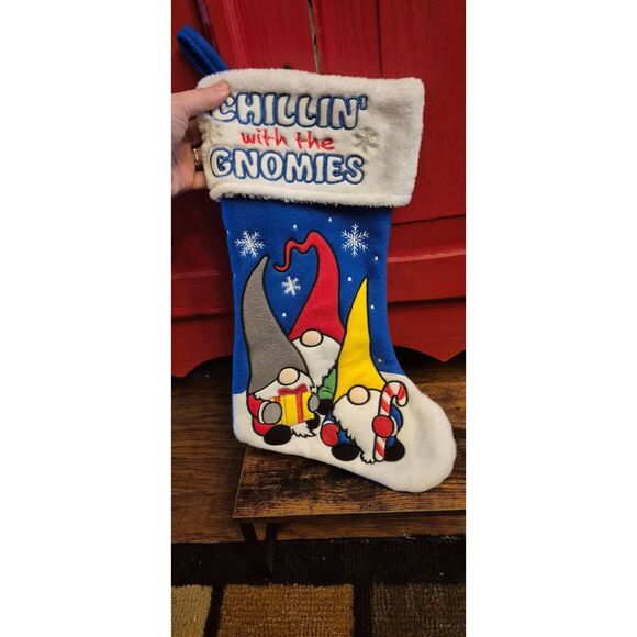 Chillin/ With my Gnomes Embroidered Christmas Stocking Blue White Fur Not a Spot - Picture 1 of 2